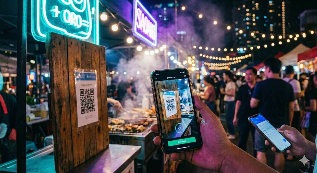 Paying with phone at night market