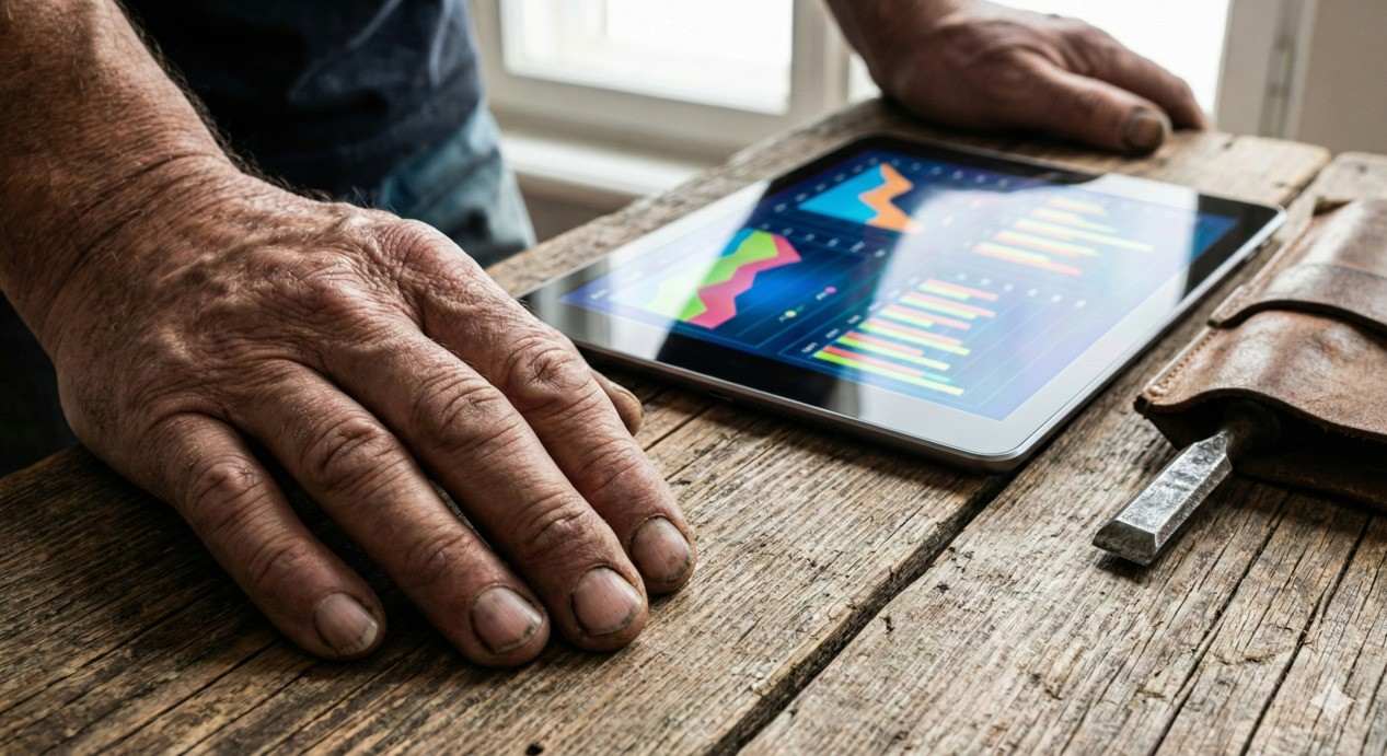 Old hand holding modern tablet